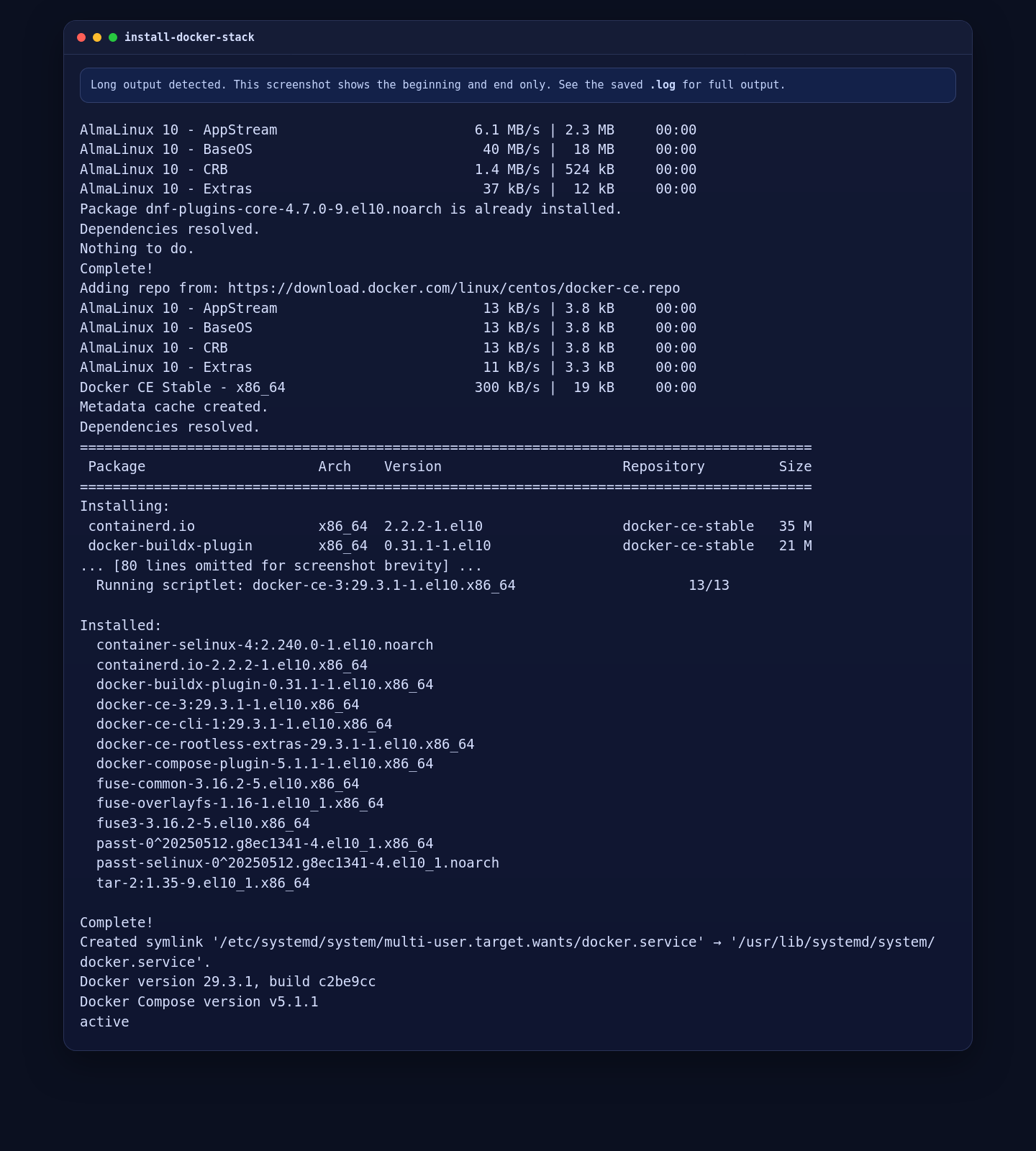 Docker Engine and Docker Compose installed on AlmaLinux 10 for LocalAI