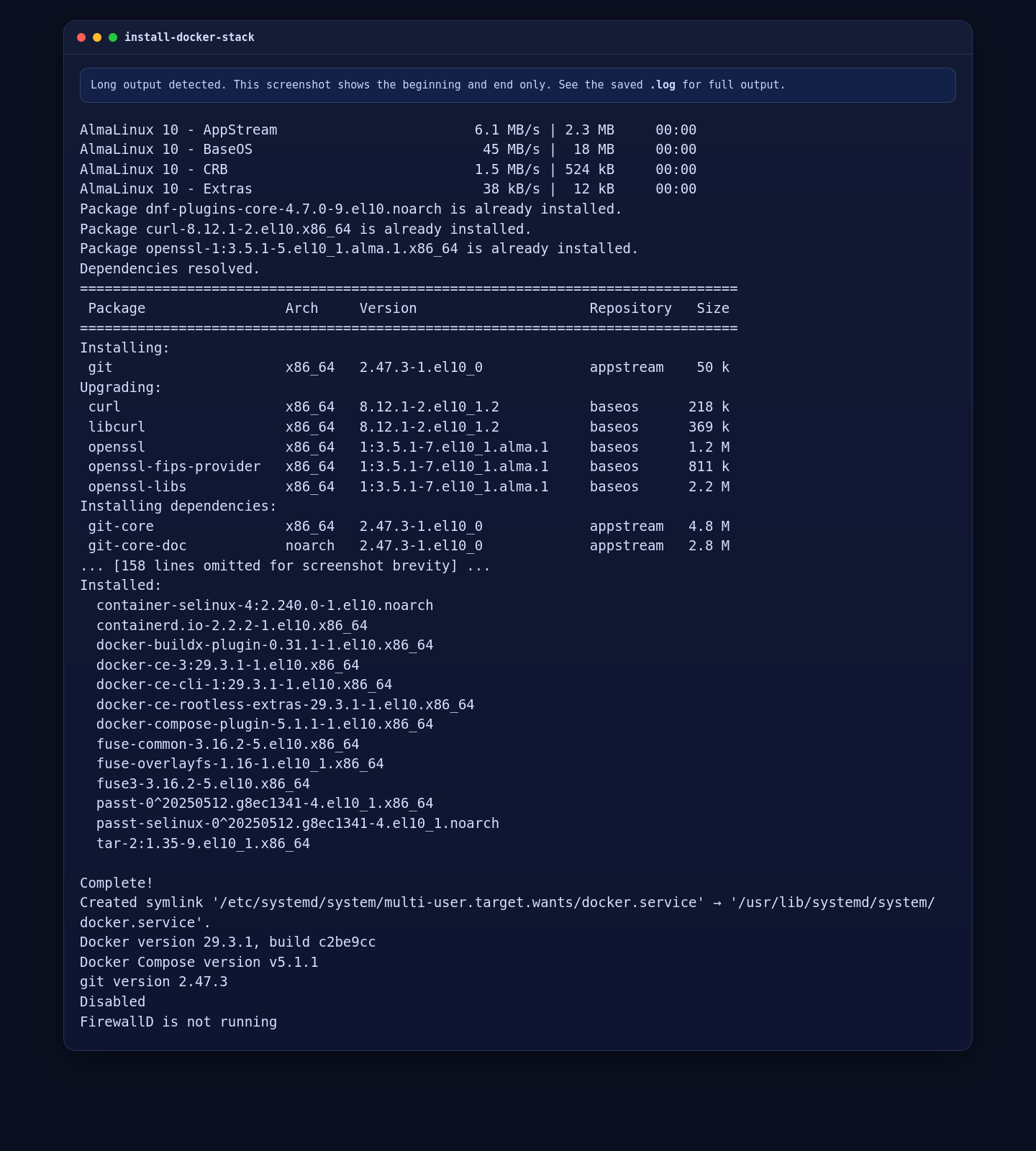 Docker Engine and Docker Compose installed on AlmaLinux 10 for FlowiseAI