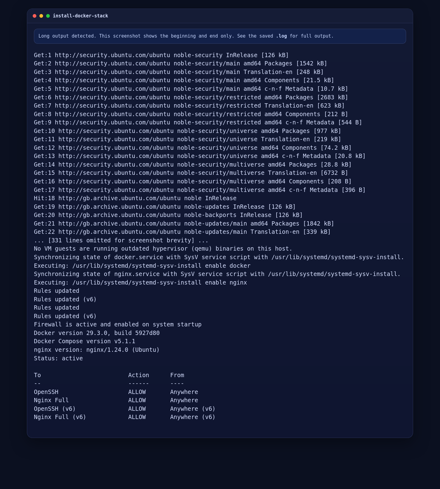 Docker Engine, Docker Compose, Nginx, and UFW installed on Ubuntu 24.04 for Vaultwarden
