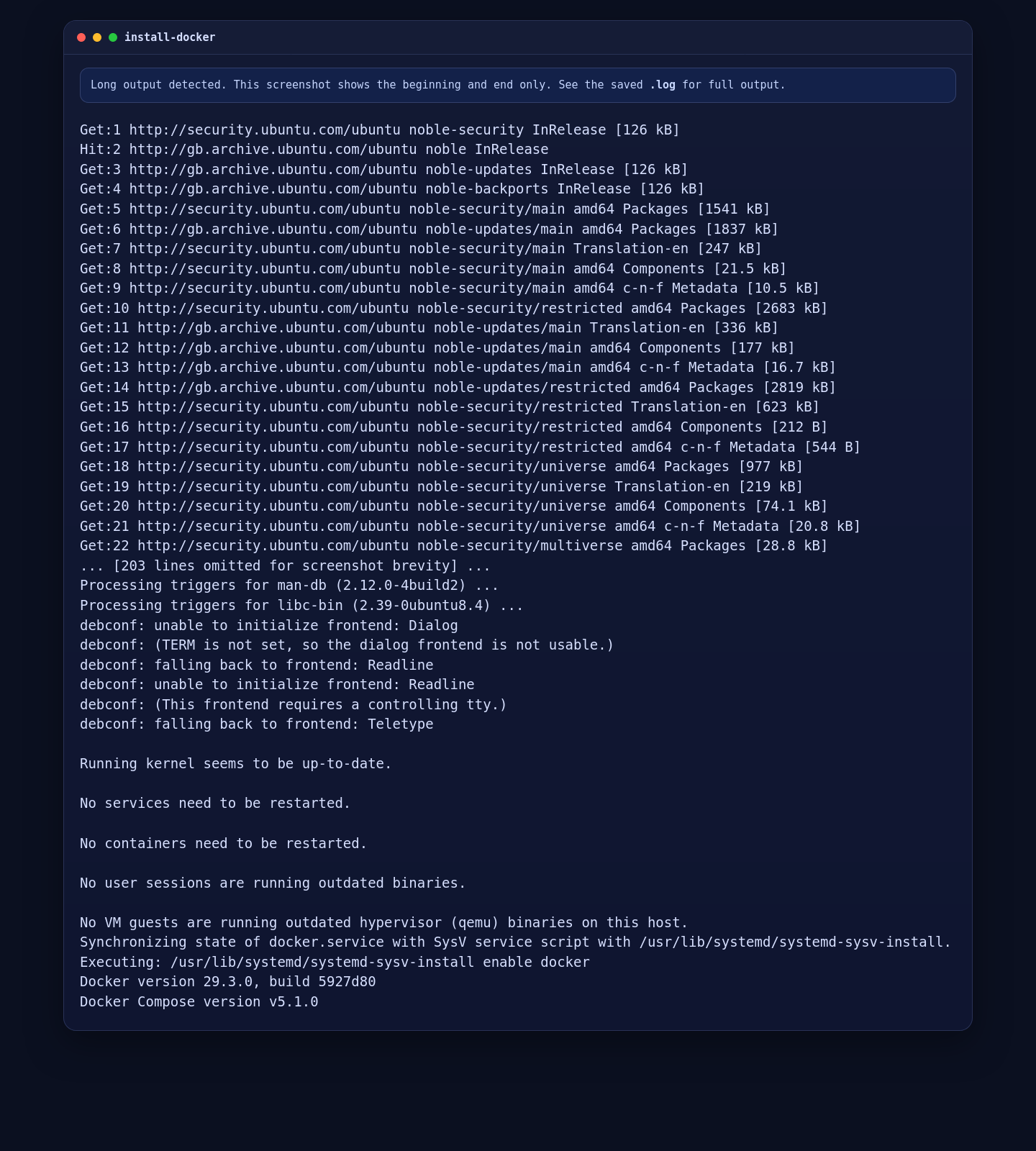 Docker installation from the official repository on Ubuntu 24.04 for Uptime Kuma