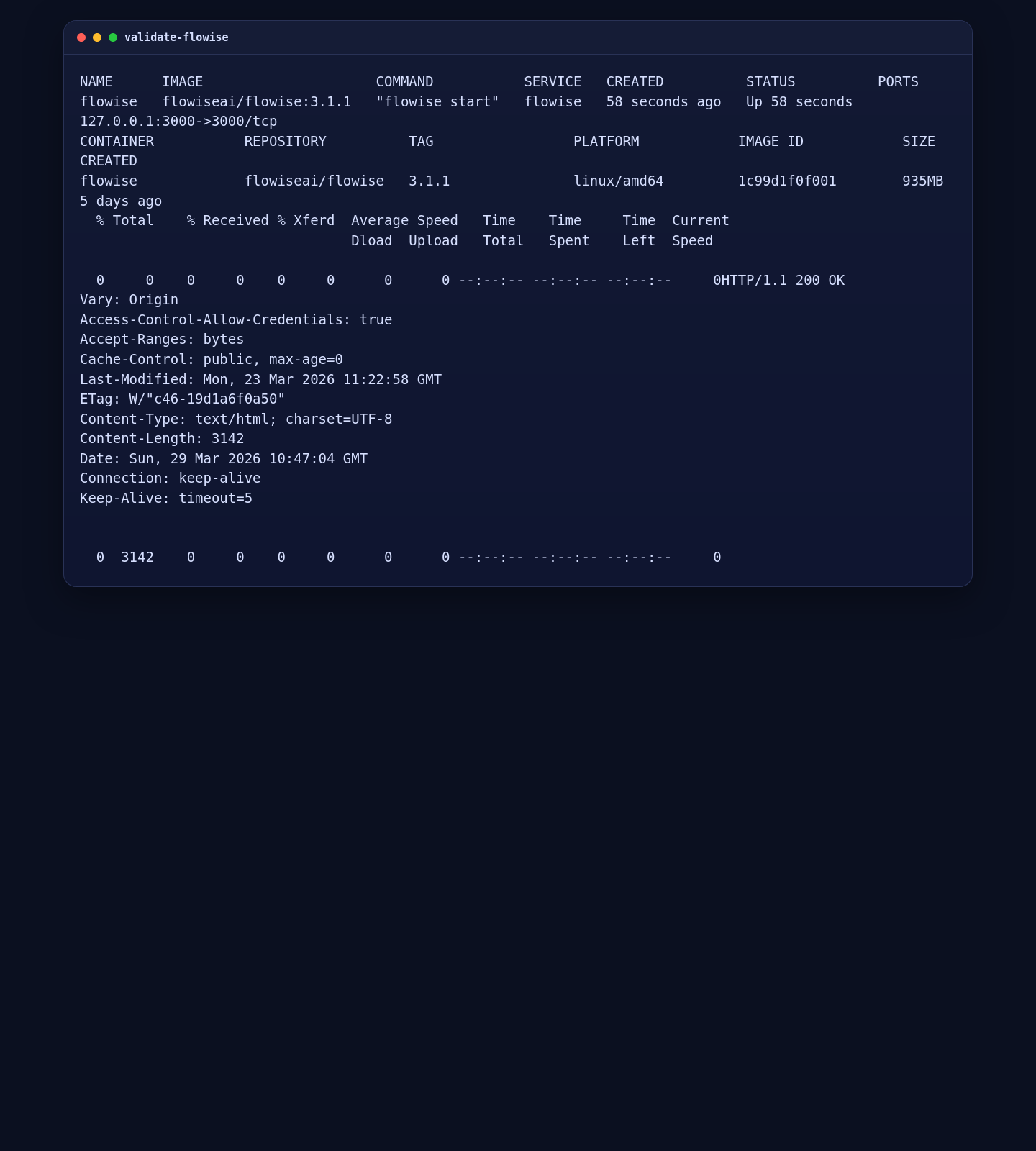 FlowiseAI container status and local HTTP validation on Ubuntu 24.04